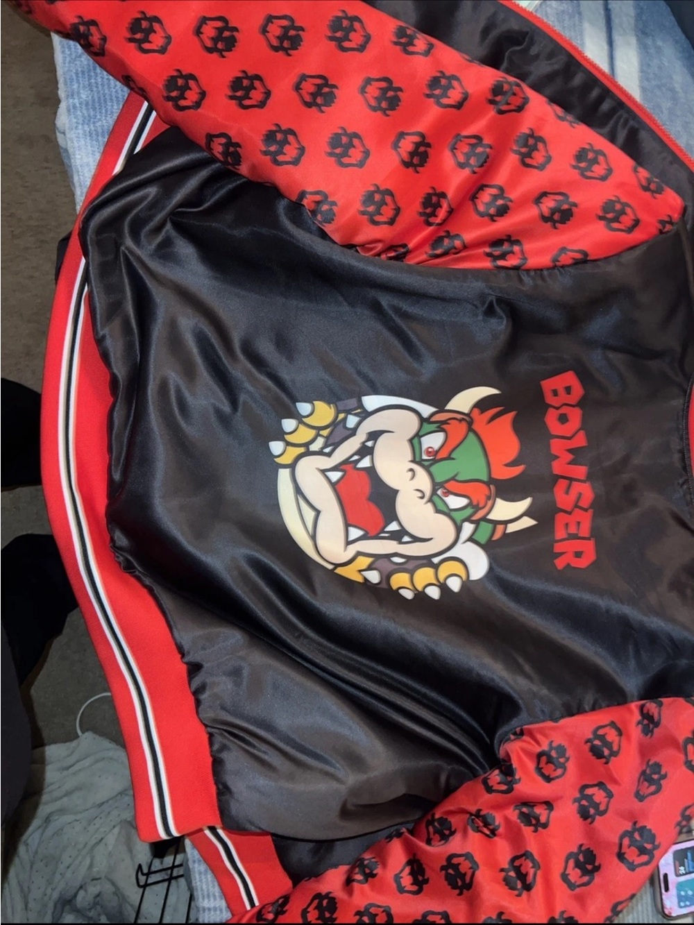 Blackmilk Bowser Patterned Bomber Jacket - Black, Red & White L